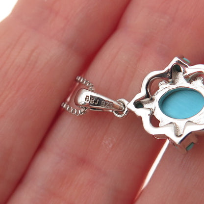 925 Sterling Silver Real Tyrone Turquoise Floral Box Chain Necklace 18-20"