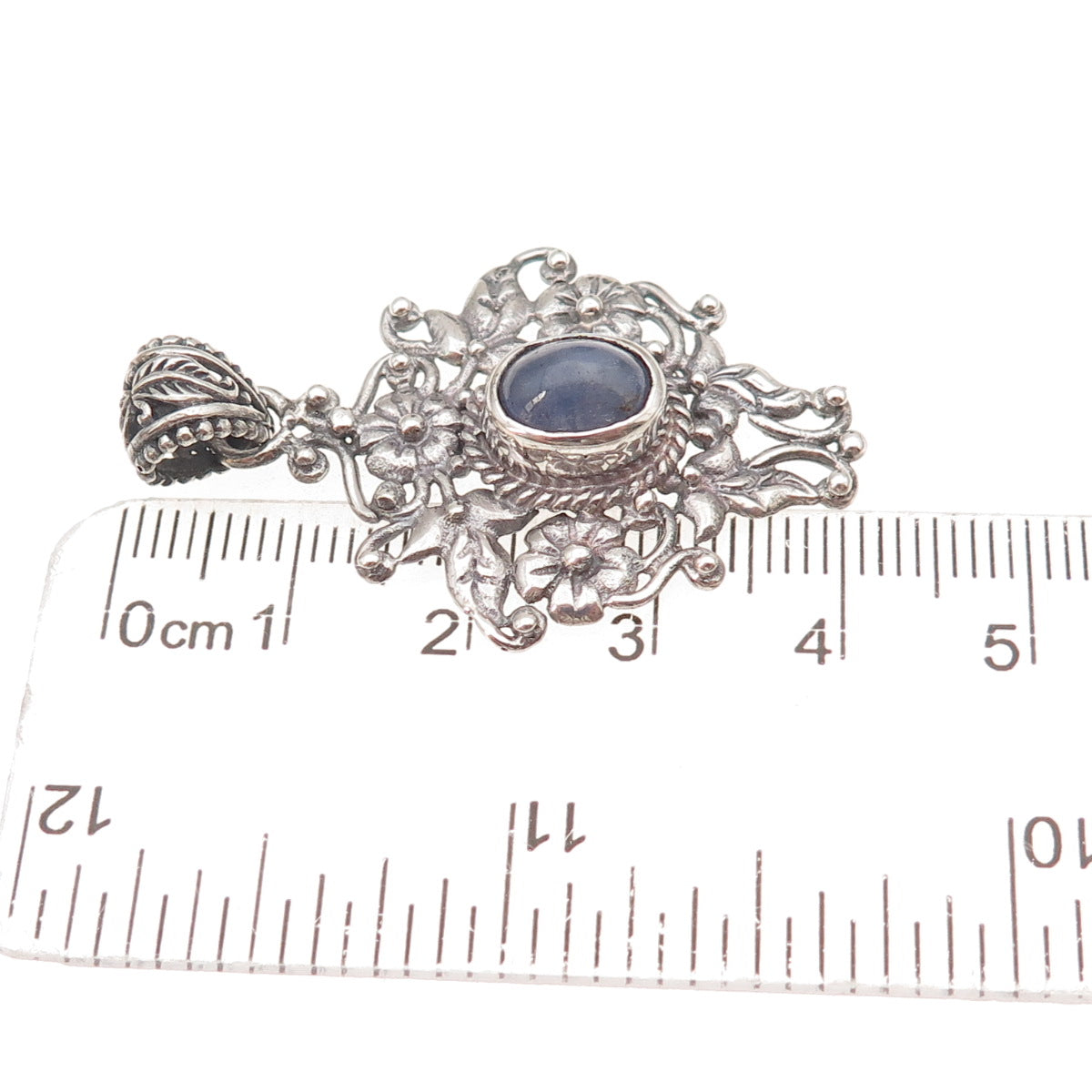 925 Sterling Silver Vintage Real Tanzanite Floral Oxidized Charm Pendant