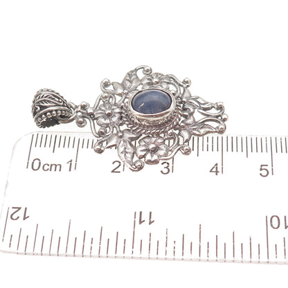 925 Sterling Silver Vintage Real Tanzanite Floral Oxidized Charm Pendant