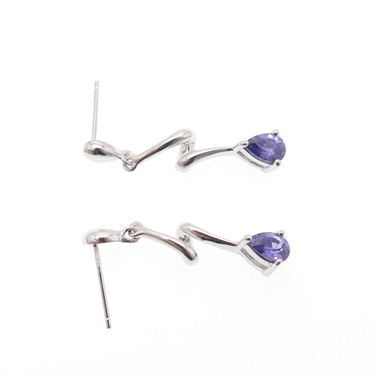 925 Sterling Silver Real Pear-Cut Amethyst Zig Zag Dangle Earrings