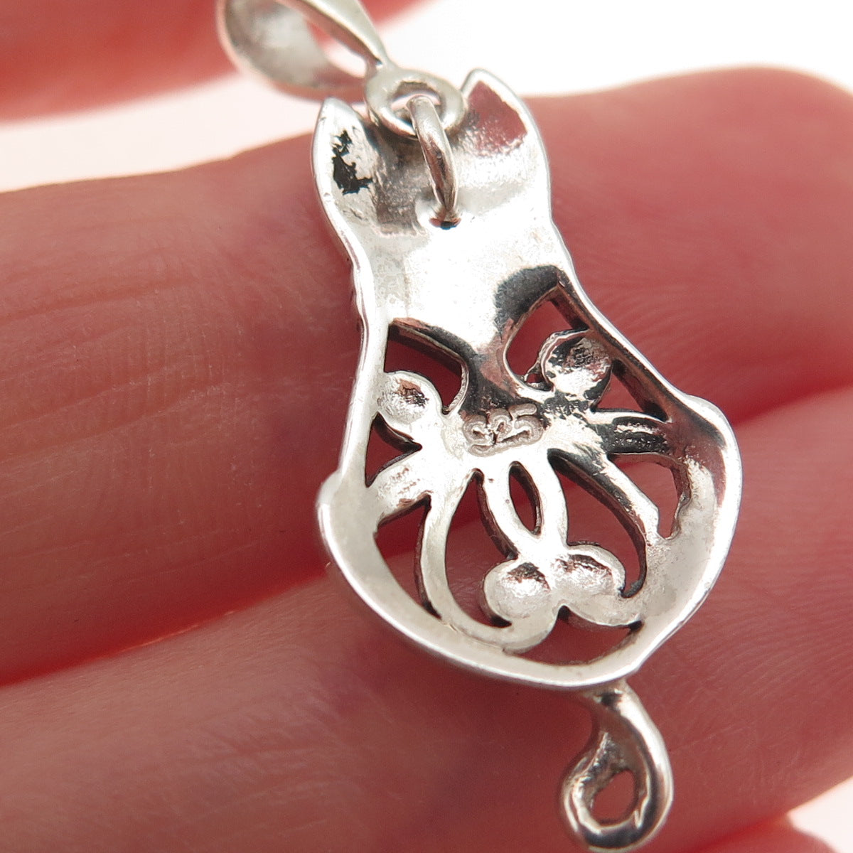 925 Sterling Silver Vintage Cat Ornate Oxidized Charm Pendant