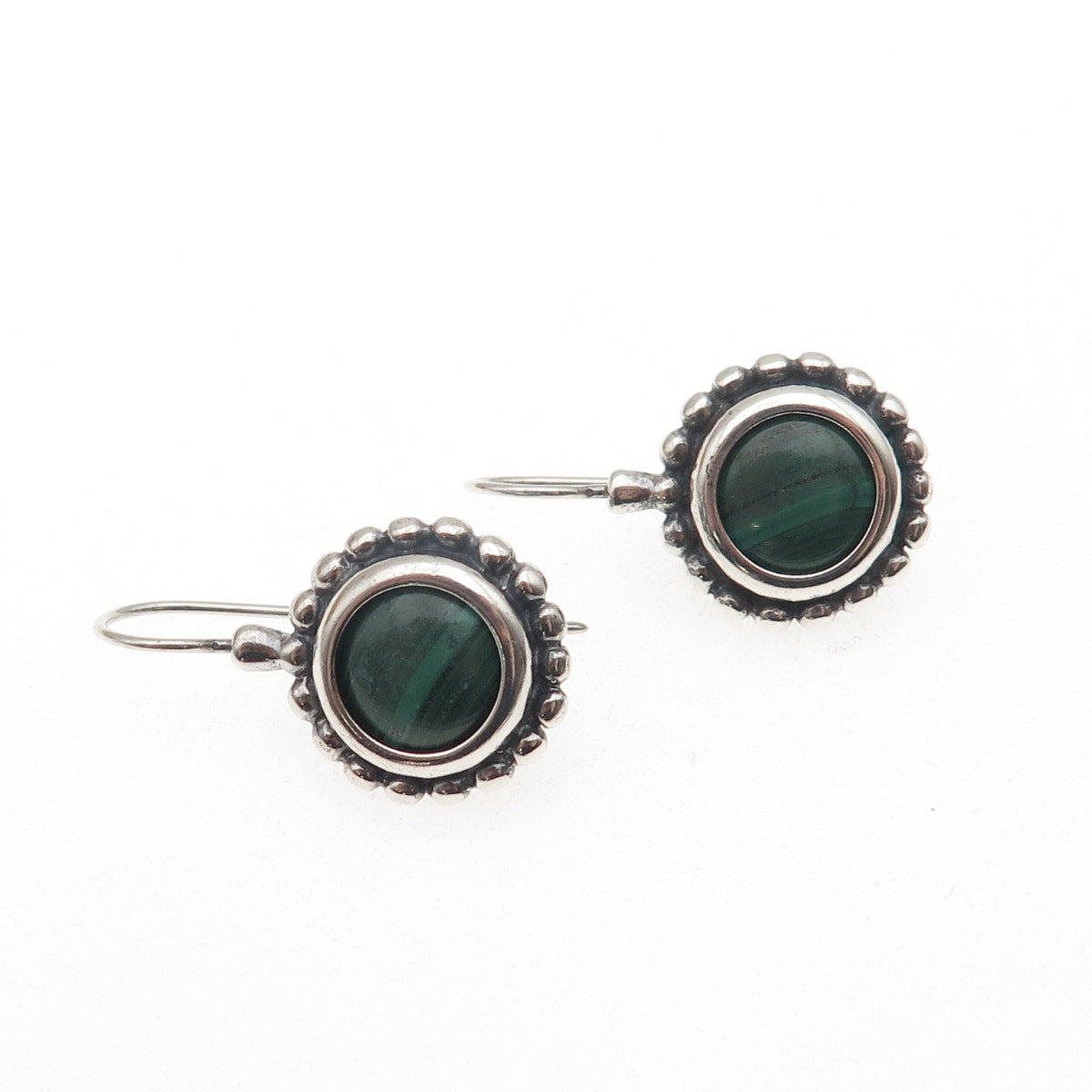925 Sterling Silver Vintage Real Malachite Beaded Oxidized Dangle Earrings