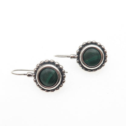 925 Sterling Silver Vintage Real Malachite Beaded Oxidized Dangle Earrings