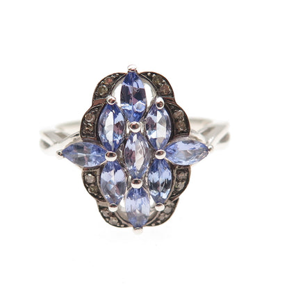 925 Sterling Silver Real Round-Cut Diamond & Marquise-Cut Tanzanite Ring Size 8