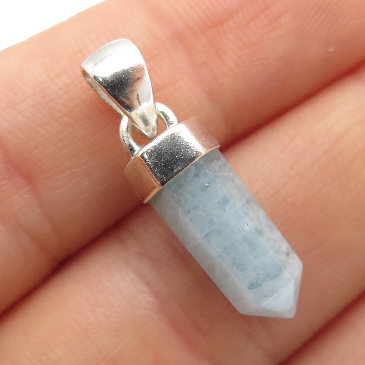 925 Sterling Silver Vintage Real Milky Aquamarine Amulet Charm Pendant