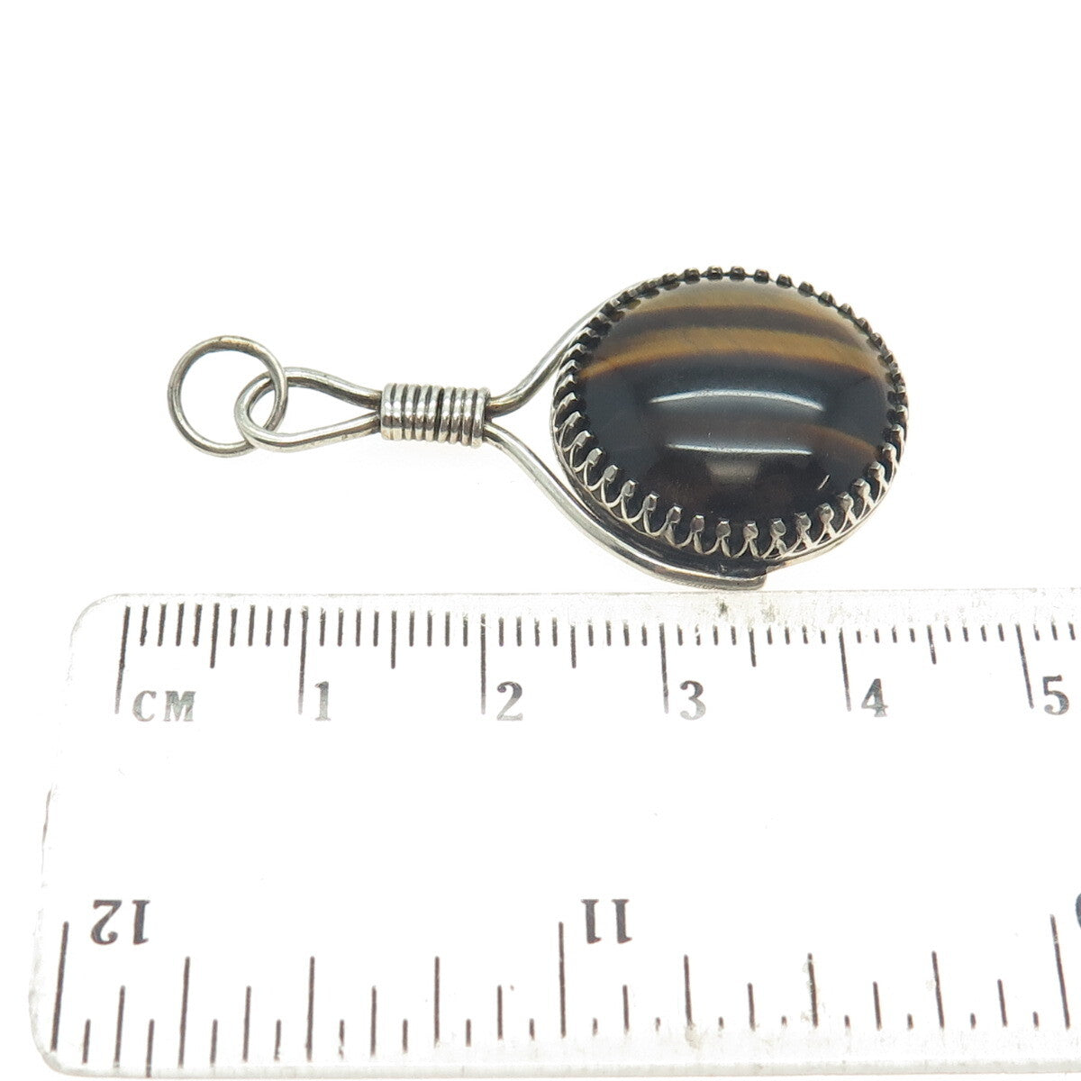925 Sterling Silver Vintage Real Cabochon Tiger Eye Modernist Pendant