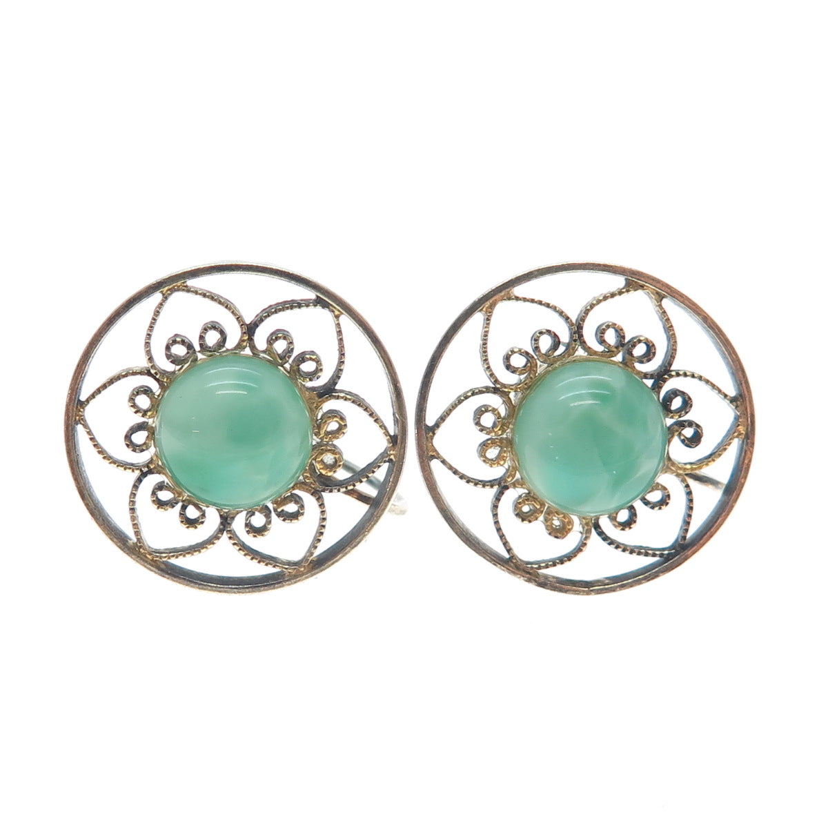 925 Sterling Silver Gold Plated Antique Real Agate Filigree Screw Back Earrings