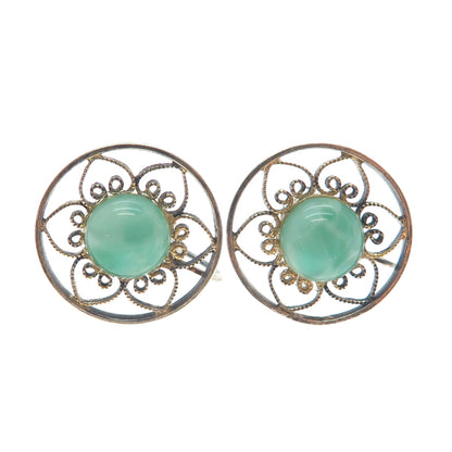 925 Sterling Silver Gold Plated Antique Real Agate Filigree Screw Back Earrings