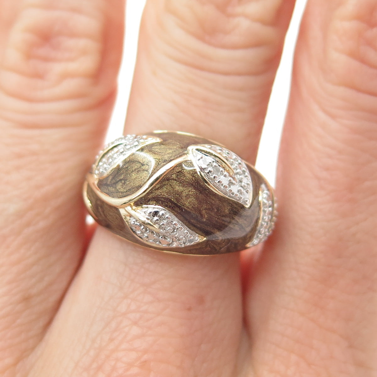 ROSS SIMONS 925 Sterling Gold Plated Enamel Diamond Accent Floral Ring Size 7.25