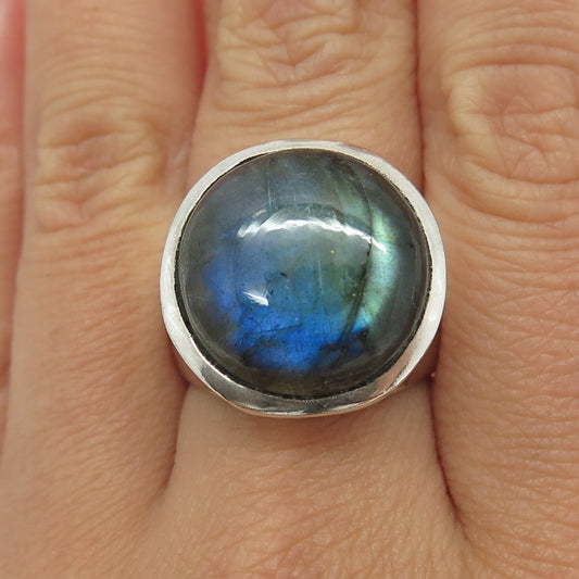 925 Sterling Silver Vintage Real Cabochon Round-Cut Labradorite Ring Size 8.25