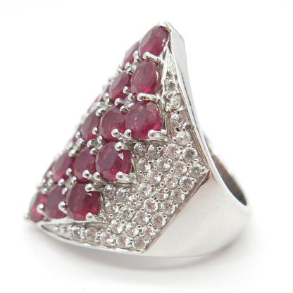 925 Sterling Silver Real White Topaz & Ruby Gemstone Statement Ring Size 7