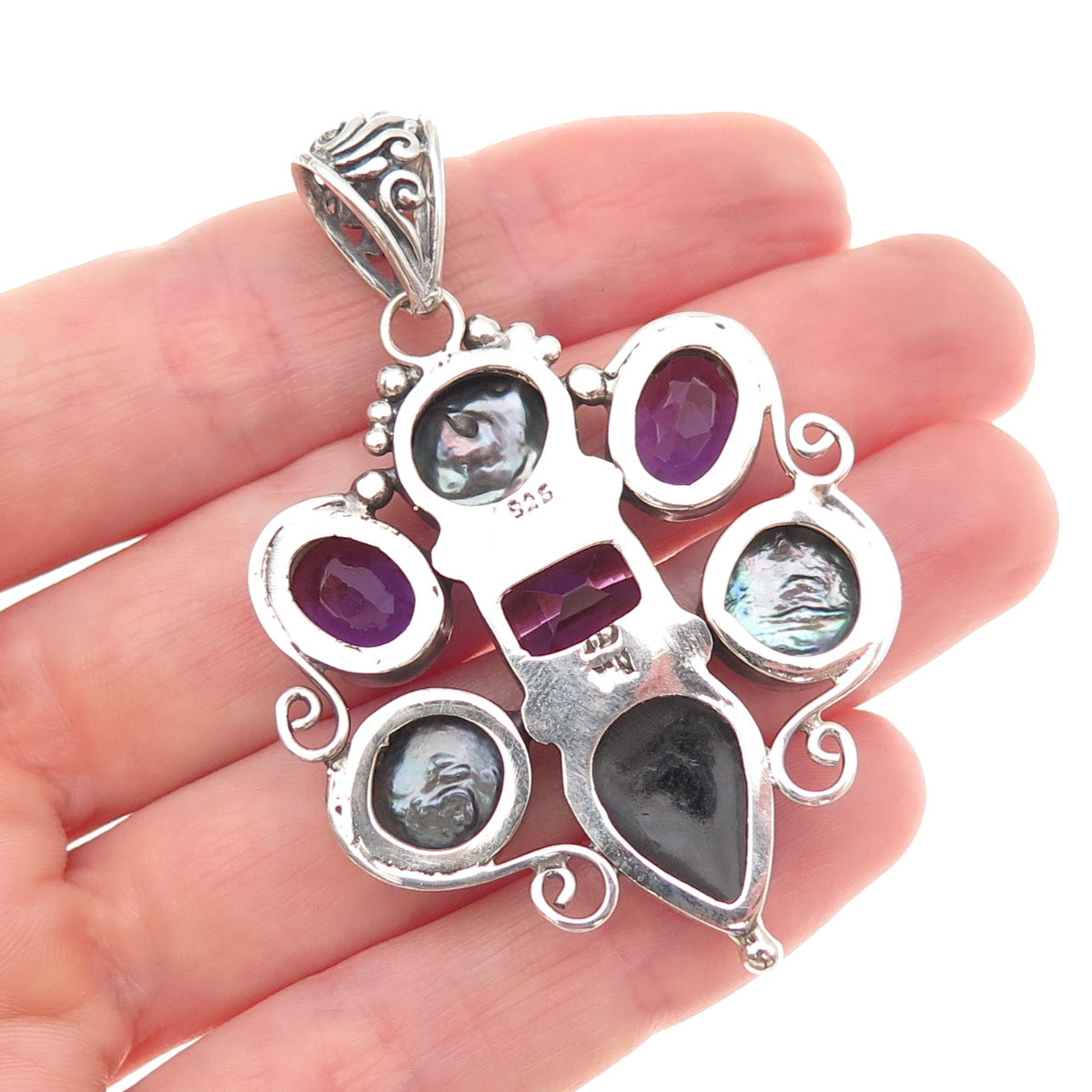925 Sterling Silver Vintage Real Amethyst Pearl & MOP Modernist Cluster Pendant