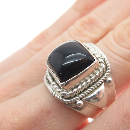 925 Sterling Silver Vintage Real Black Onyx Roped Bezel Oxidized Ring Size 7.25