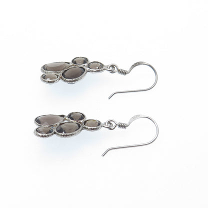 925 Sterling Silver Vintage Real Smoky Quartz Cluster Dangle Earrings
