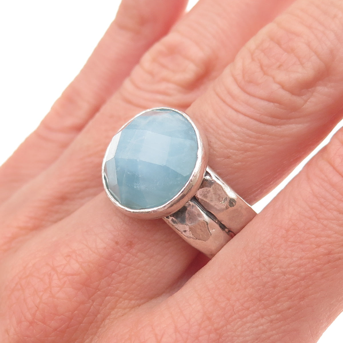 925 Sterling Silver Vintage Real Milky Aquamarine Modernist Oxidized Ring Size 9