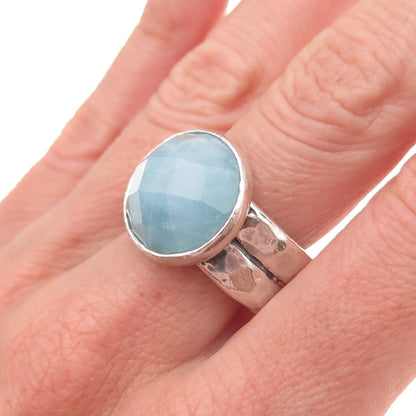 925 Sterling Silver Vintage Real Milky Aquamarine Modernist Oxidized Ring Size 9