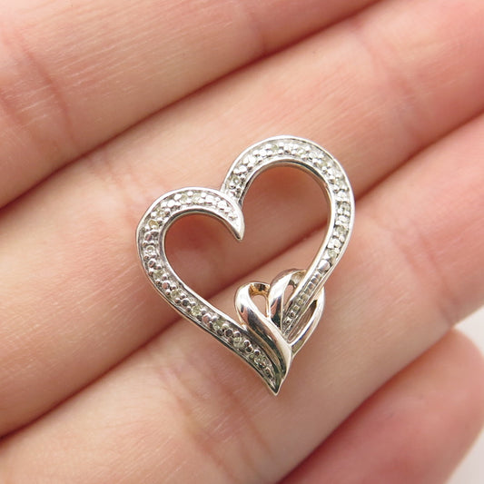 SUN 925 Sterling Silver Real Round-Cut Diamond Heart Slide Pendant