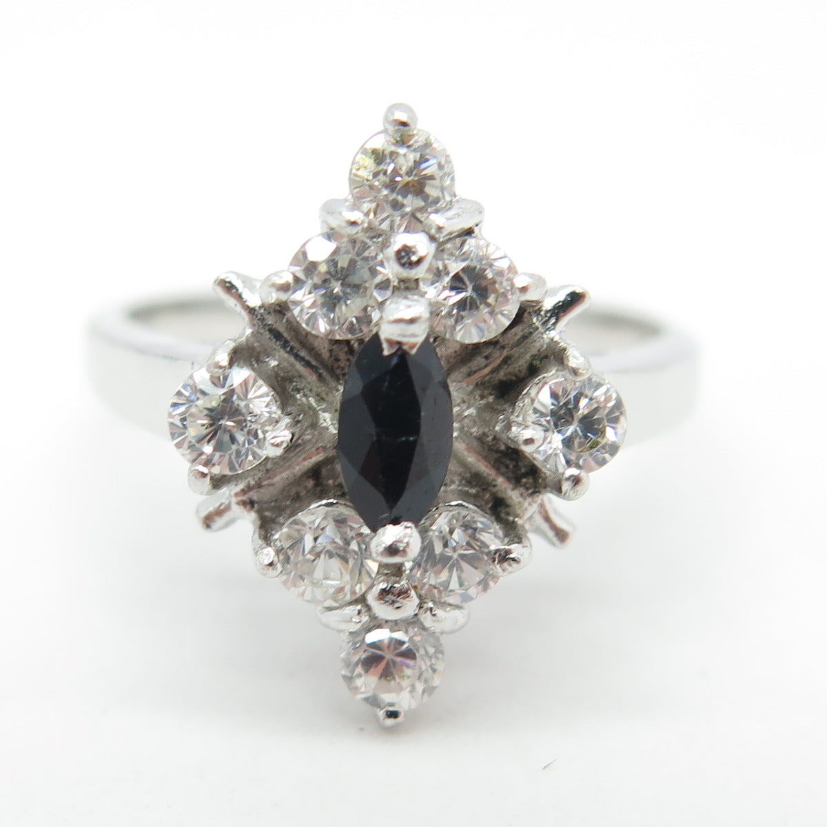 925 Sterling Silver Real Marquise-Cut Sapphire & Round C Z Ring Size 7.25