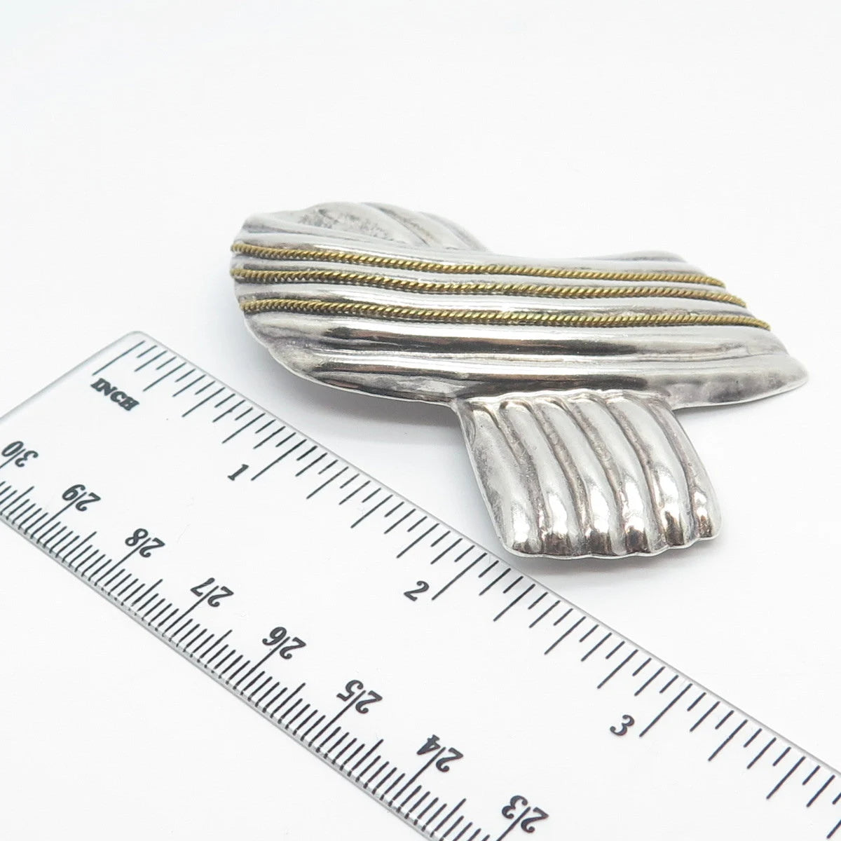 925 Sterling Silver 2-Tone Vintage Mexico Laton Ribbon Pin Brooch / Pendant