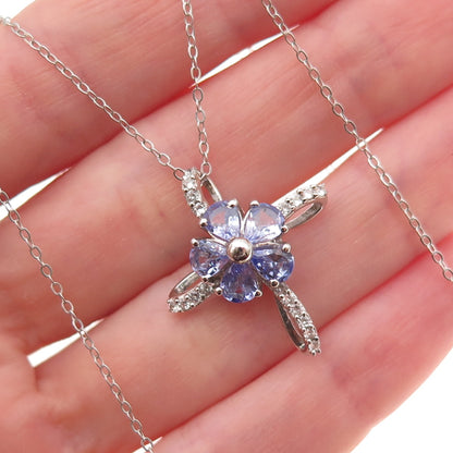 Chuck Clemency 925 Sterling Silver Real Tanzanite White Topaz Cross Necklace 20"