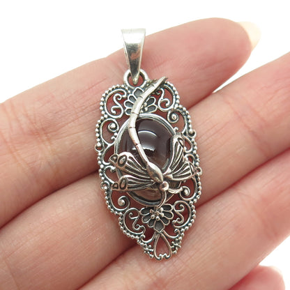 925 Sterling Silver Vintage Real Smoky Quartz Dragonfly Ornate Pendant