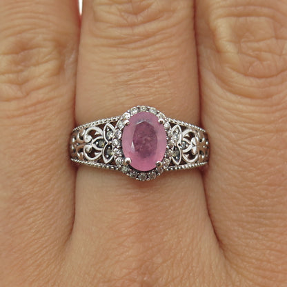 D'JOY 925 Sterling Silver Vintage White Topaz & Pink Sapphire Gem Ring Size 7