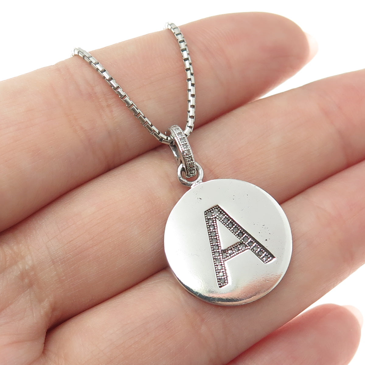 925 Sterling Silver Real Diamond Letter "A" Tag Round Box Chain Necklace 18"