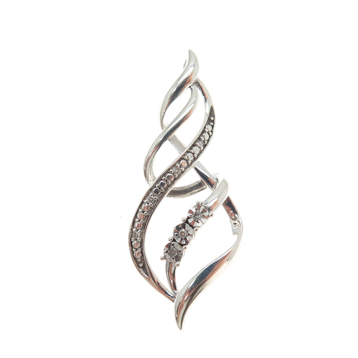 925 Sterling Silver Real Round-Cut Diamond Twisted Charm Pendant