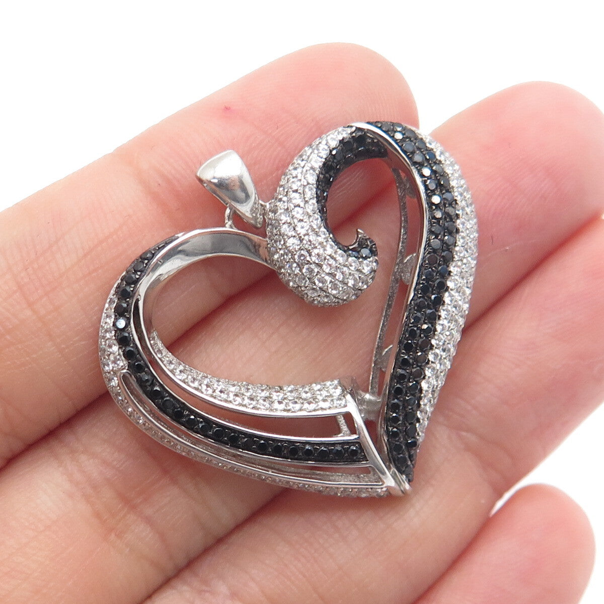 925 Sterling Silver Real Round-Cut Black Spinel & C Z Heart Pendant