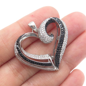 925 Sterling Silver Real Round-Cut Black Spinel & C Z Heart Pendant
