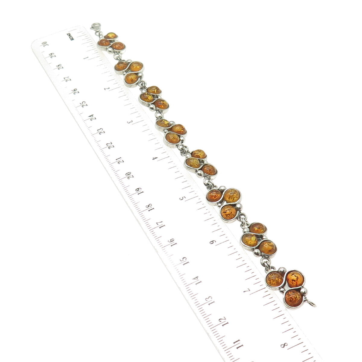 925 Sterling Silver Vintage Real Amber Modernist Link Bracelet 7.5"