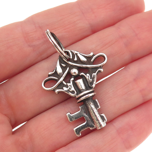 925 Sterling Silver Antique Art Deco Floral Key Oxidized Charm Pendant