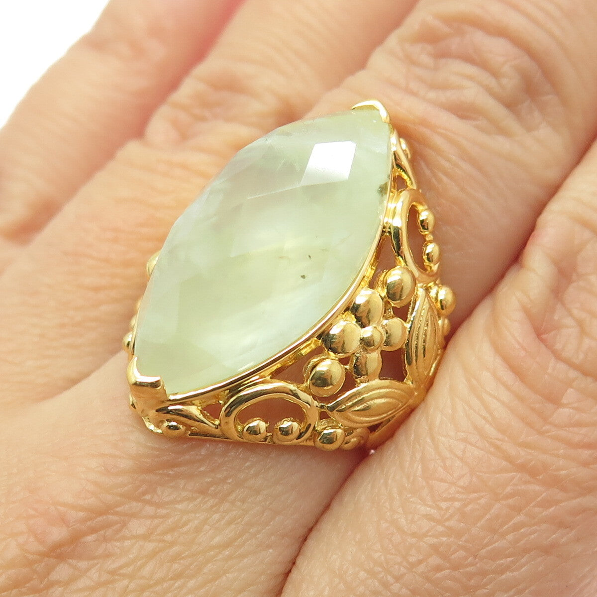 925 Sterling Silver Gold Plated Real Marquise-Cut Prehnite Floral Ring Size 7.5