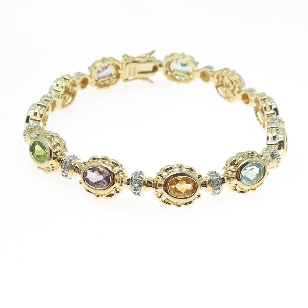 ROSS SIMONS Sterling Silver Gold Plated Diamond & Multi-Color Gem Bracelet 7.25"