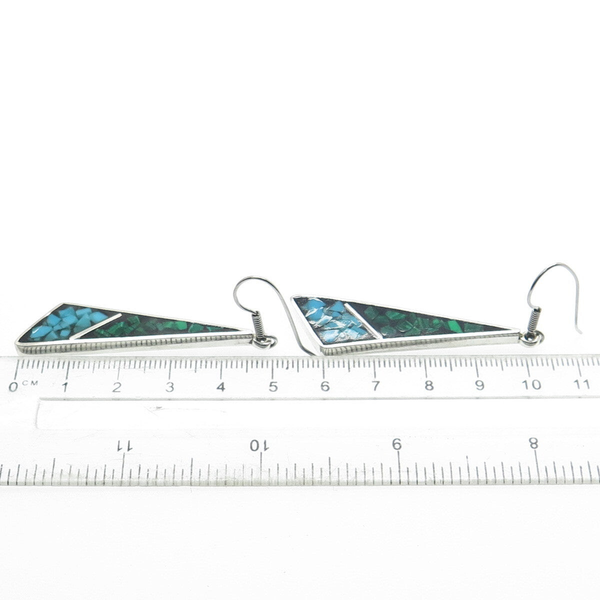 925 Sterling Silver Vintage Mexico Real Turquoise & Malachite Inlay Earrings