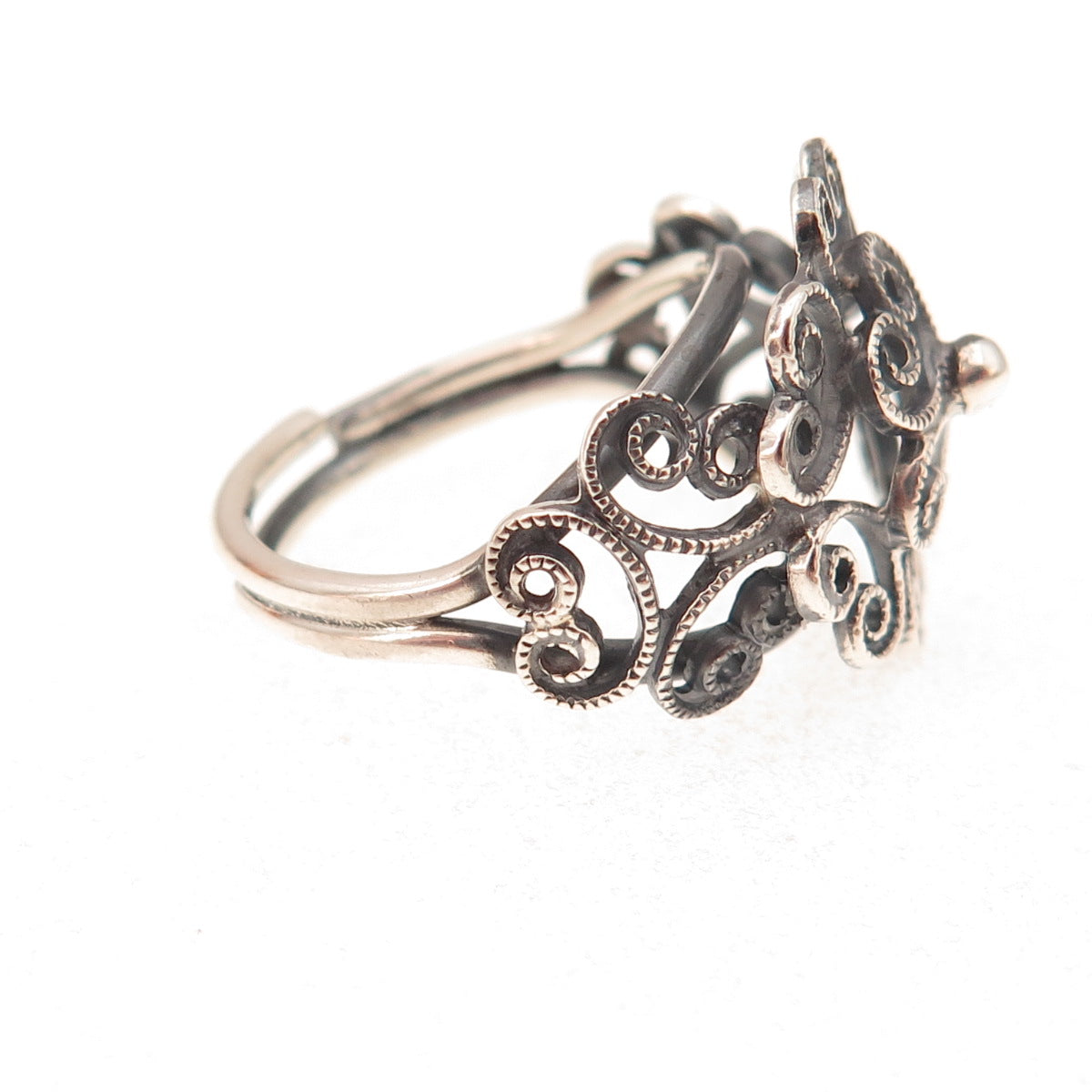 925 Sterling Silver Antique Art Deco Floral Filigree Adjustable Ring Size 5.75