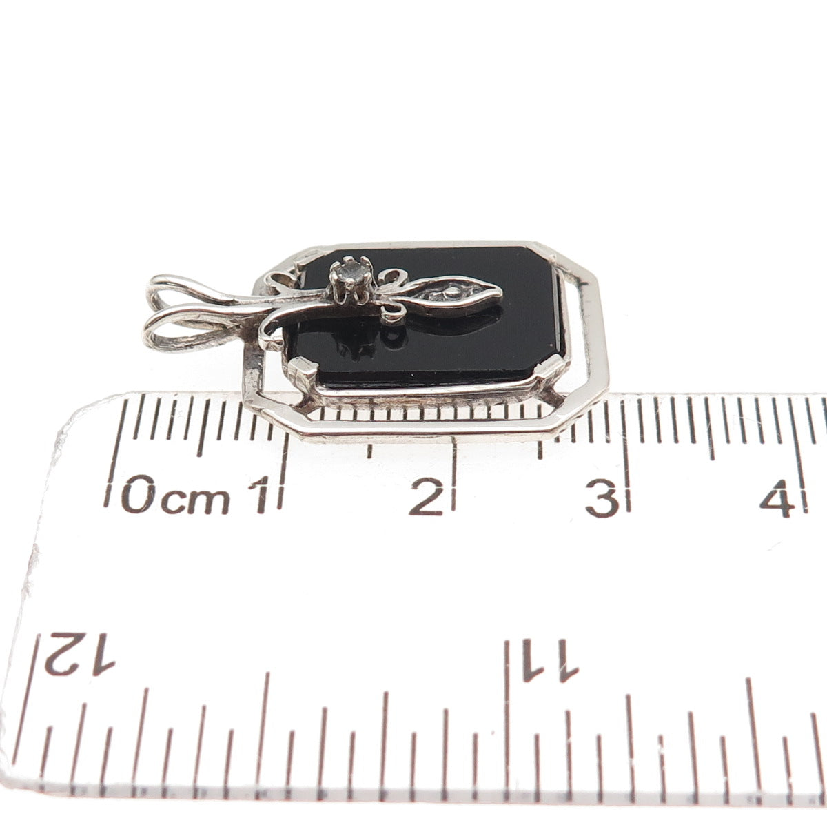 925 Sterling Silver Vintage Real Black Onyx & C Z Oxidized Charm Pendant