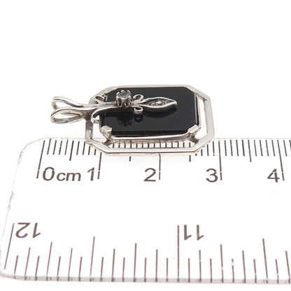 925 Sterling Silver Vintage Real Black Onyx & C Z Oxidized Charm Pendant