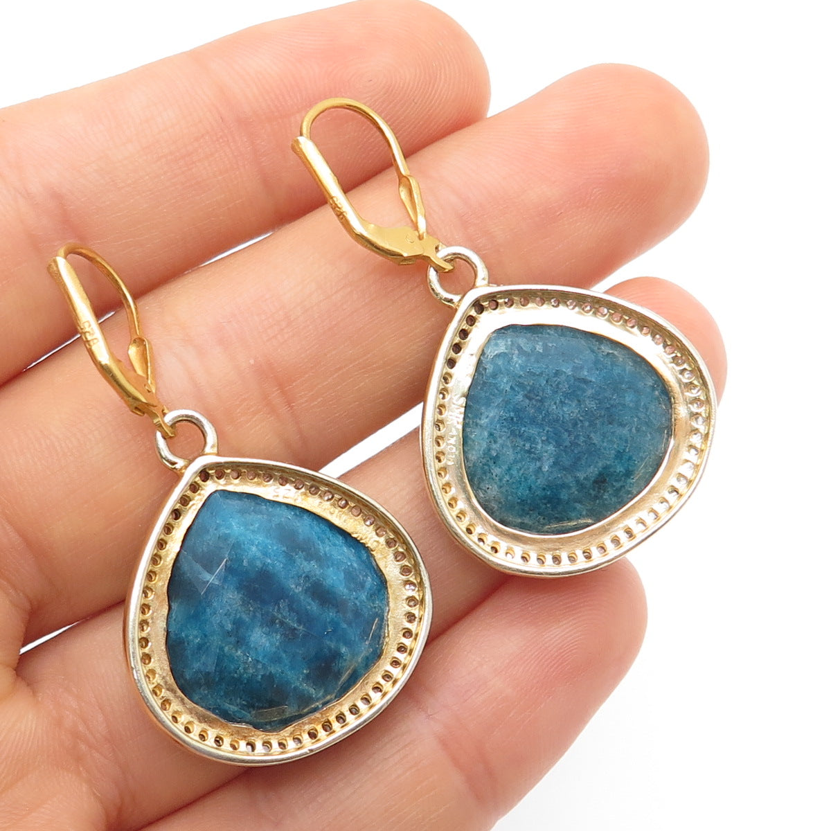 925 Sterling Silver Gold Plated Real Diamond & Apatite Teardrop Dangle Earrings