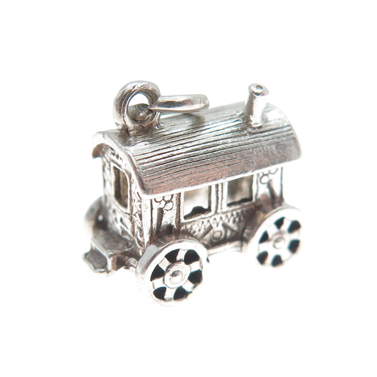 925 Sterling Silver Vintage Carriage Oxidized Minimalist 3D Charm Pendant
