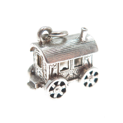 925 Sterling Silver Vintage Carriage Oxidized Minimalist 3D Charm Pendant