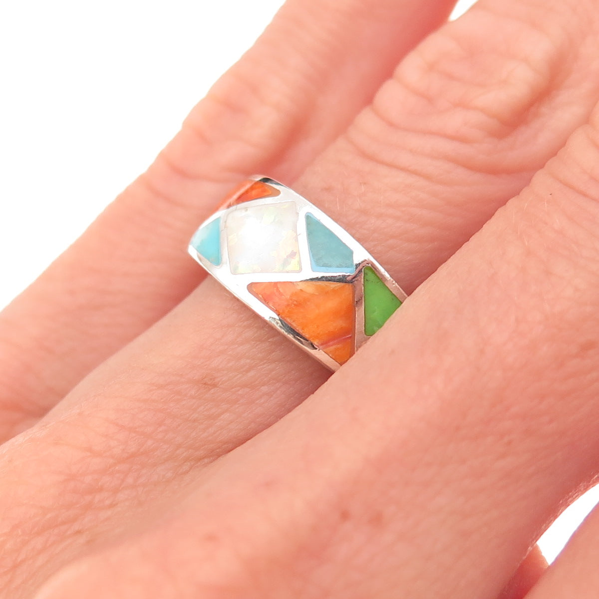 925 Sterling Silver Vintage Real Opal Turquoise Spiny Oyster & Lapis Ring Size 6