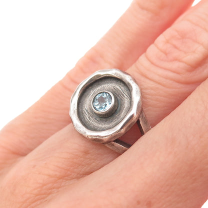 Satya 925 Sterling Silver Vintage Real Blue Topaz Modernist Oxidized Ring Size 6