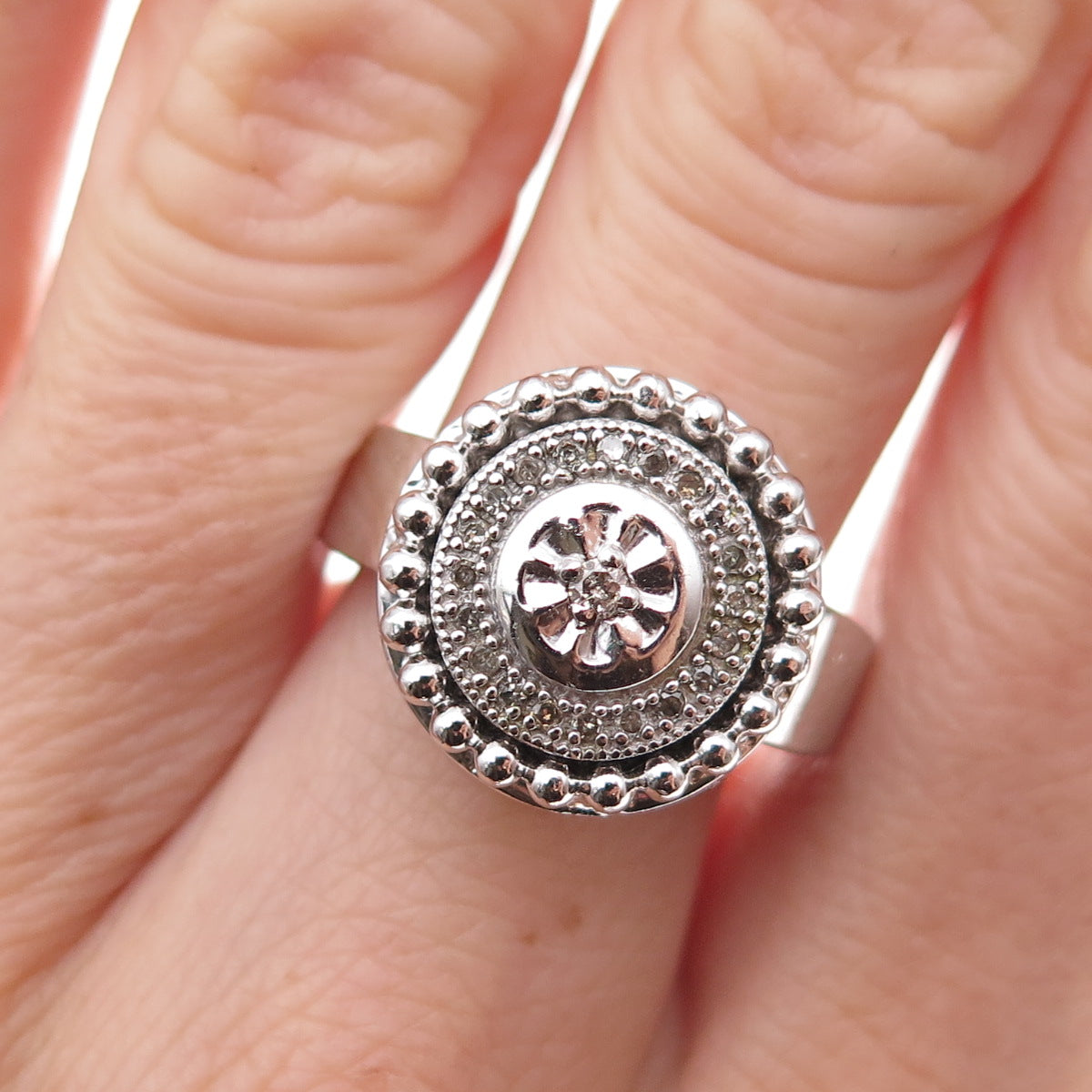 925 Sterling Silver Mexico Real Diamond Wheel of Fortune Ring Size 7.25