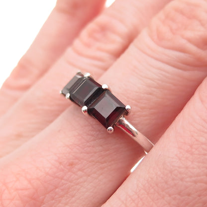 925 Sterling Silver Vintage Real Princess-Cut Red Garnet Ring Size 7.25