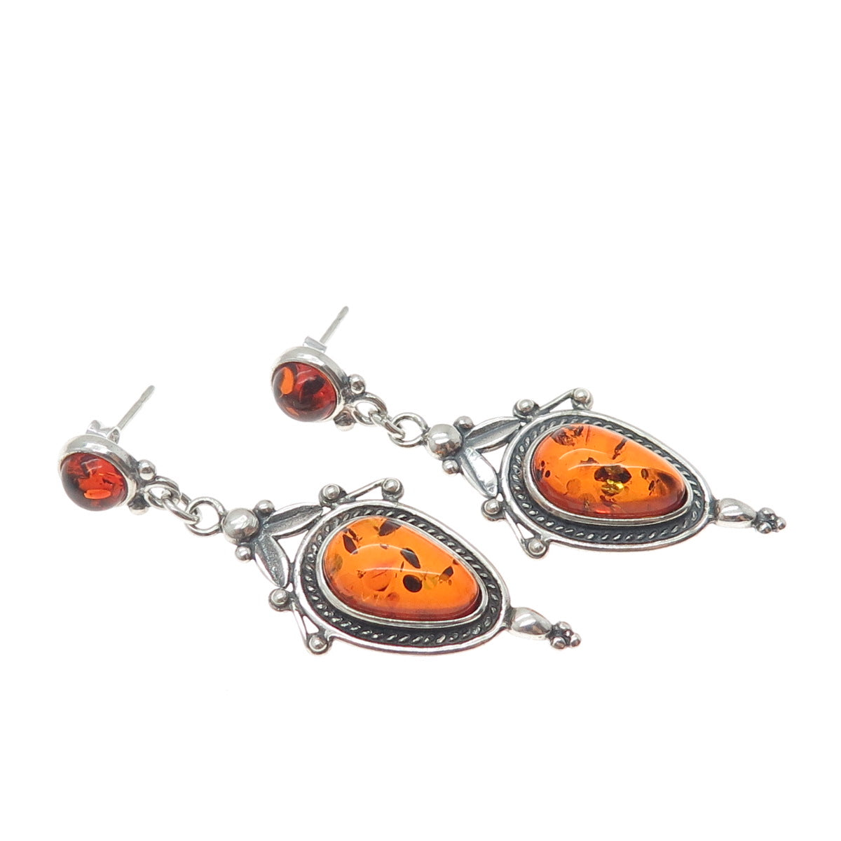 925 Sterling Silver Vintage Real Amber Modernist Floral Oxidized Dangle Earrings