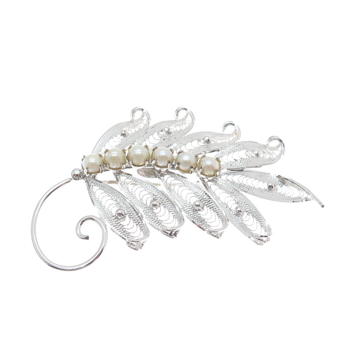 COLEMAN CO. 925 Sterling Silver Vintage Real Pearl Filigree Floral Pin Brooch