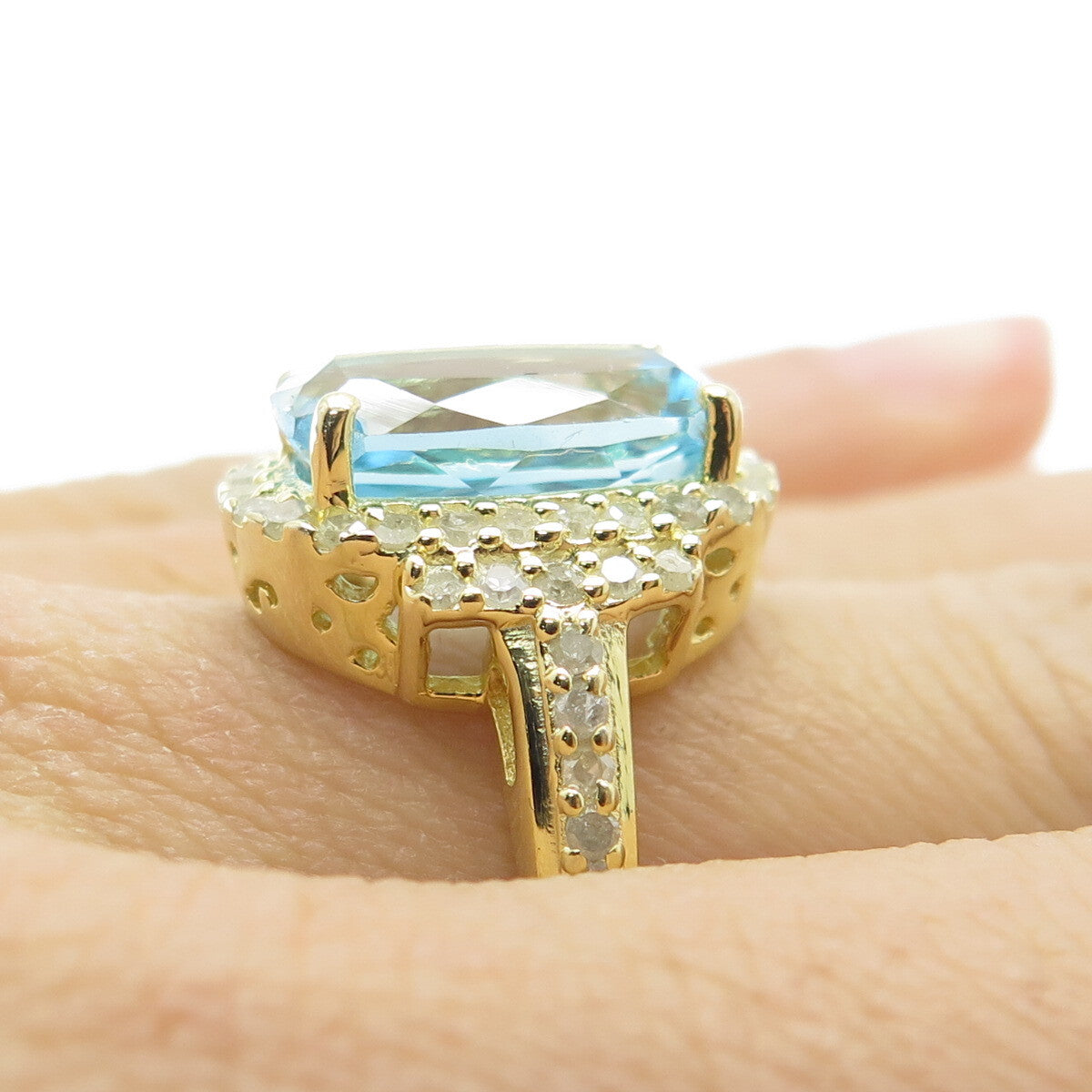 DSMK 925 Sterling Silver Gold Plated Real Diamond & Blue Topaz Ring Size 6.75