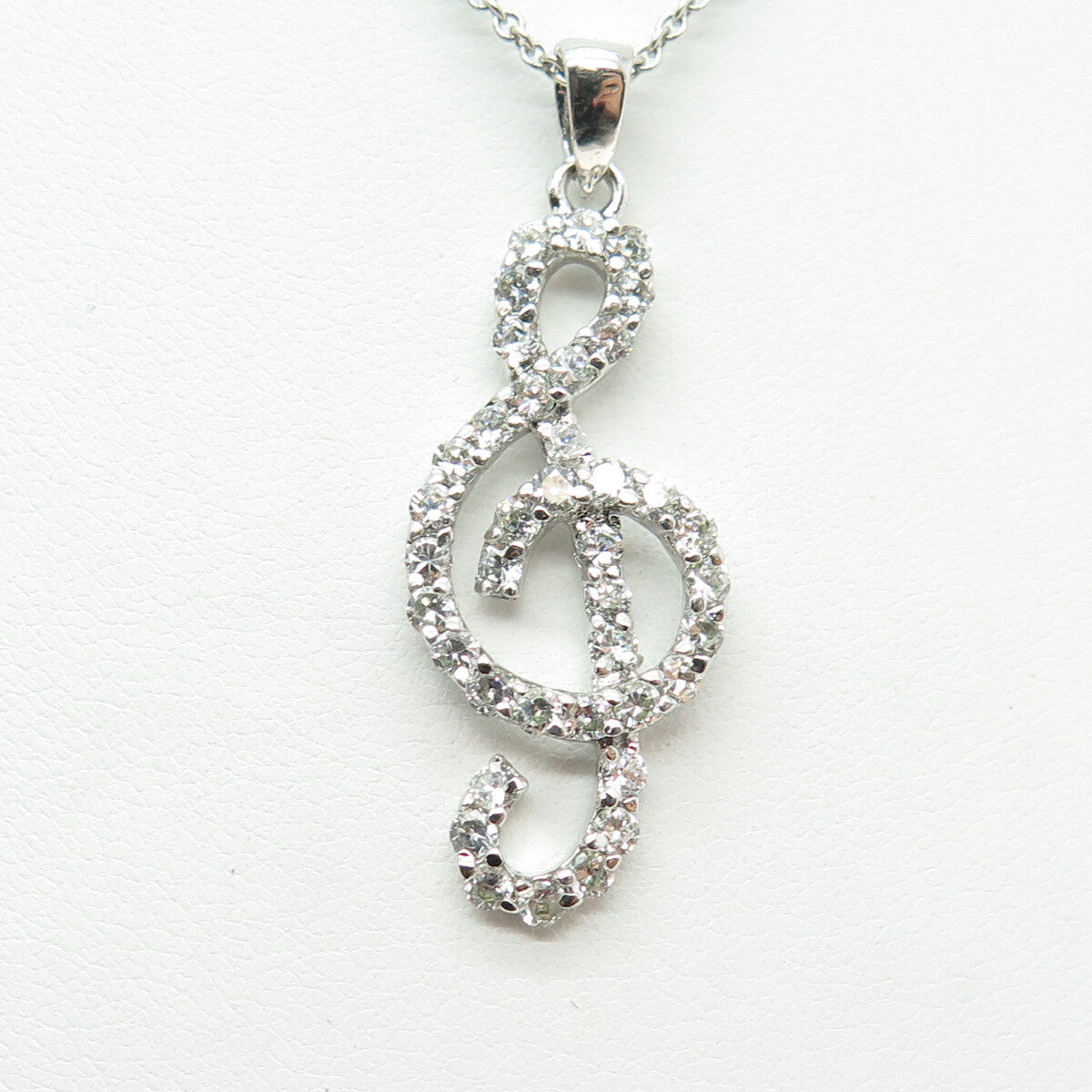 925 Sterling Silver Italy Round-Cut C Z Treble Clef Cable Chain Necklace 16"