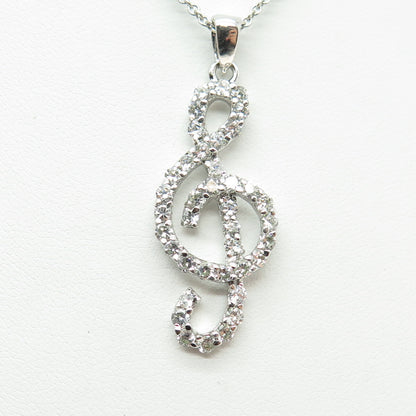 925 Sterling Silver Italy Round-Cut C Z Treble Clef Cable Chain Necklace 16"